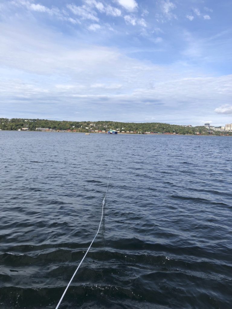 The acoustic receiver is towed at low speed in the controlled environment of Bedford Basin during field testing.